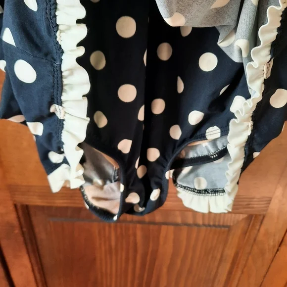 Bettie Page Retro Polka Dot Ruffle Trim One Piece Swim Dress Navy Blue Size 16W - Picture 7 of 16